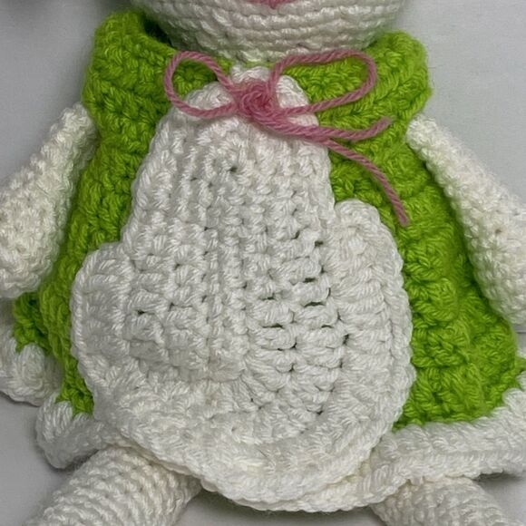 Handmade White Bunny Green Dress Button Eyes Pink Nose Mouth Bow - Picture 3 of 12